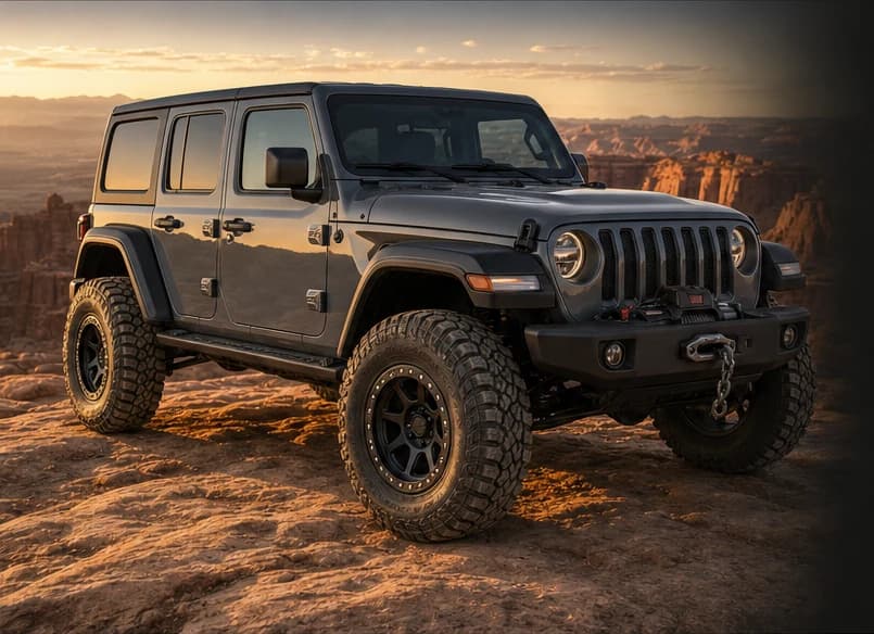 A slate-gray four-door Wrangler on sandstone at sunset; an illustrative modified Jeep